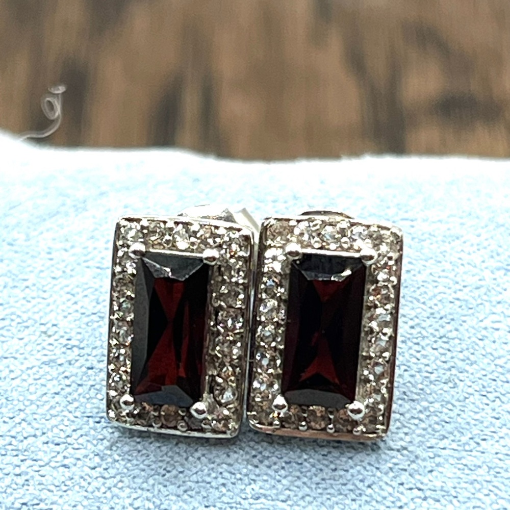 Emerald Cut Earrings Tourmaline and Diamond Gemstones Sterling Silver Deep Red